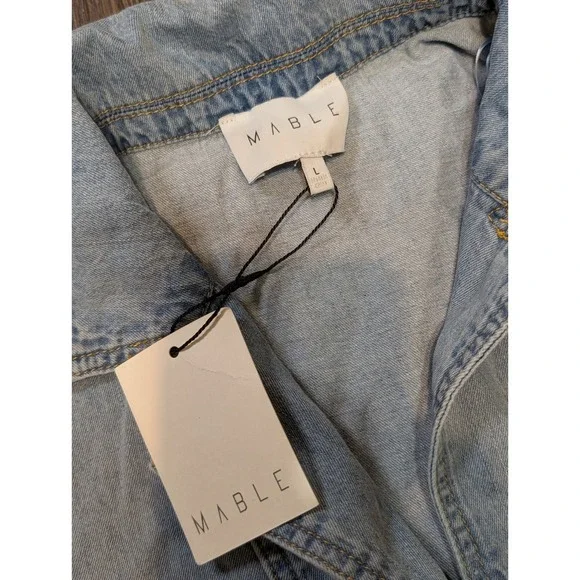 Mable Denim Dress Babydoll Mini Shirt Collar‎ Sleeveless Light Wash L - Picture 5 of 5